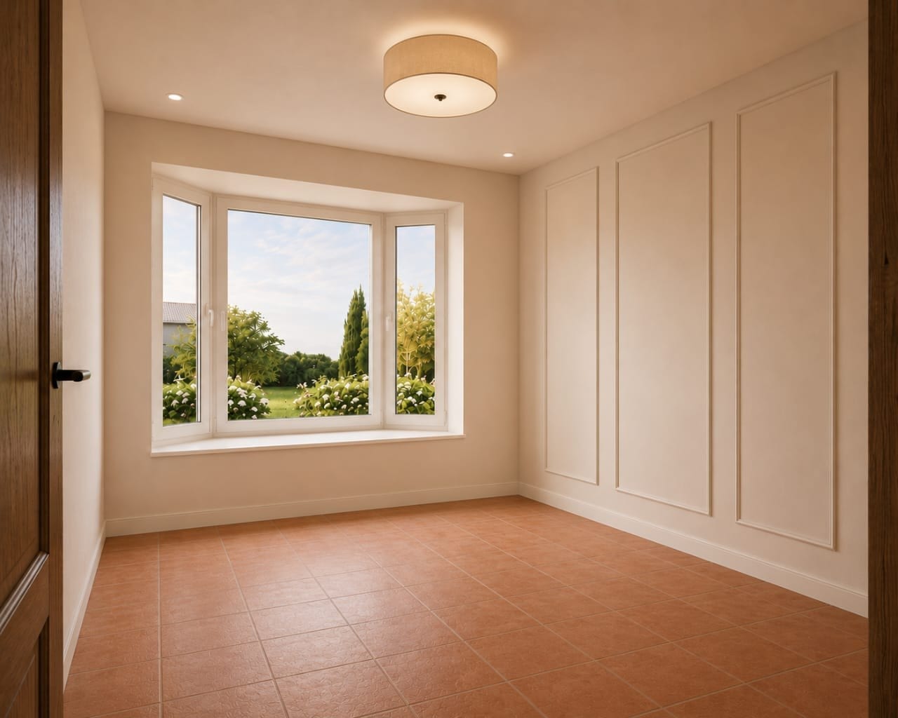 A Sunrise Villa bedroom with a bay window looking out over the garden