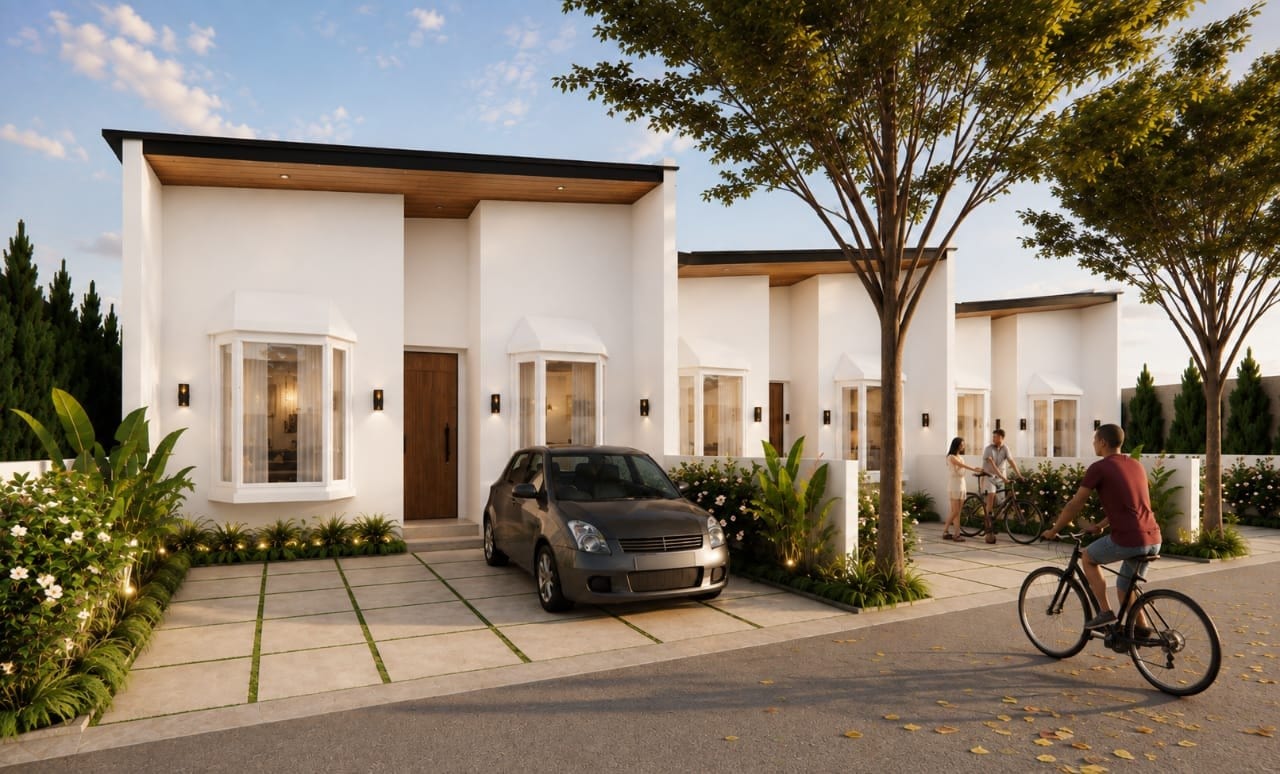 Front elevation render of the three Sunrise Villas in daylight, with bay windows and a quiet street
