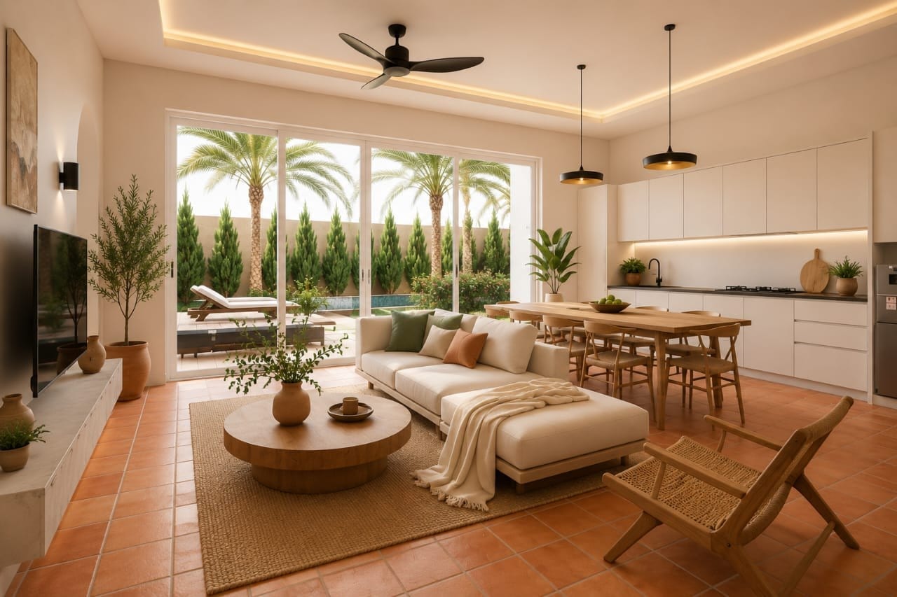 Furnished living, dining and kitchen render inside a Sunrise Villa, glass doors open to the garden