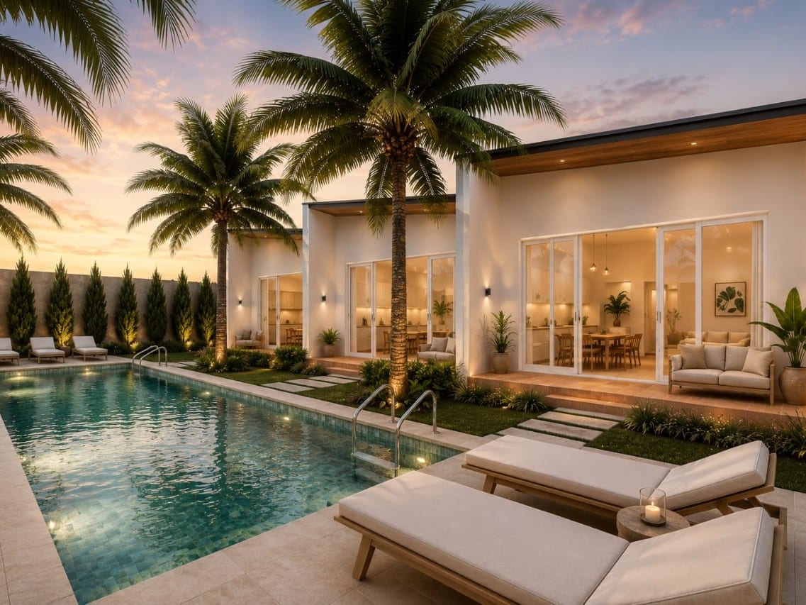 Render of the shared pool, loungers, and villa exterior with palm trees at dusk