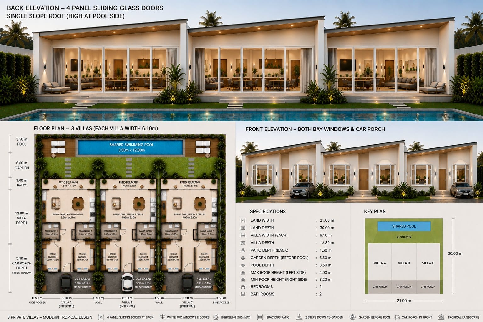 Full Sunrise Villas specification sheet: back elevation, floor plan for three villas, front elevation, specifications and key plan